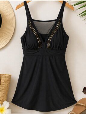 Simon Chang Black Studded Mesh Swimdress Swimsuit S Glam Resort Poolside EUC